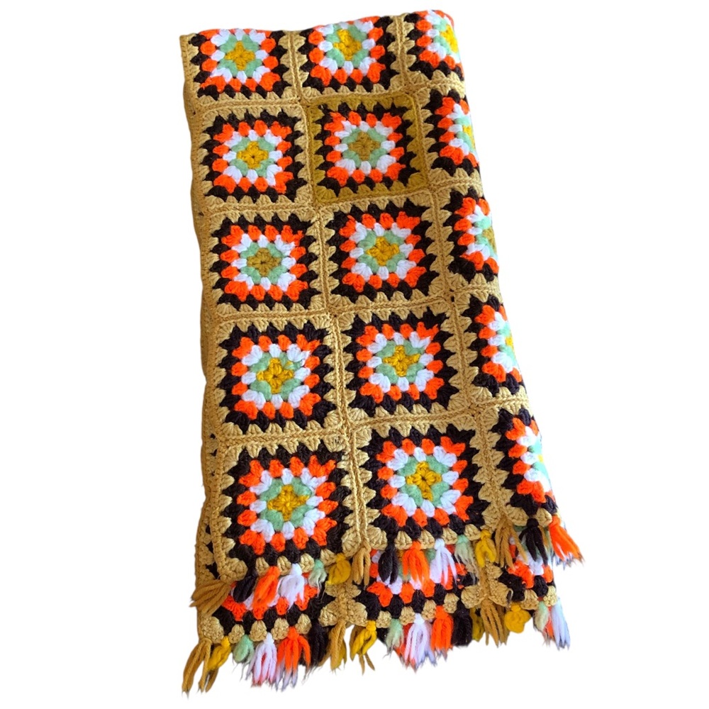 VINTAGE 70s Granny Square Crochet Afghan Blanket Mustard Brown Orange Green